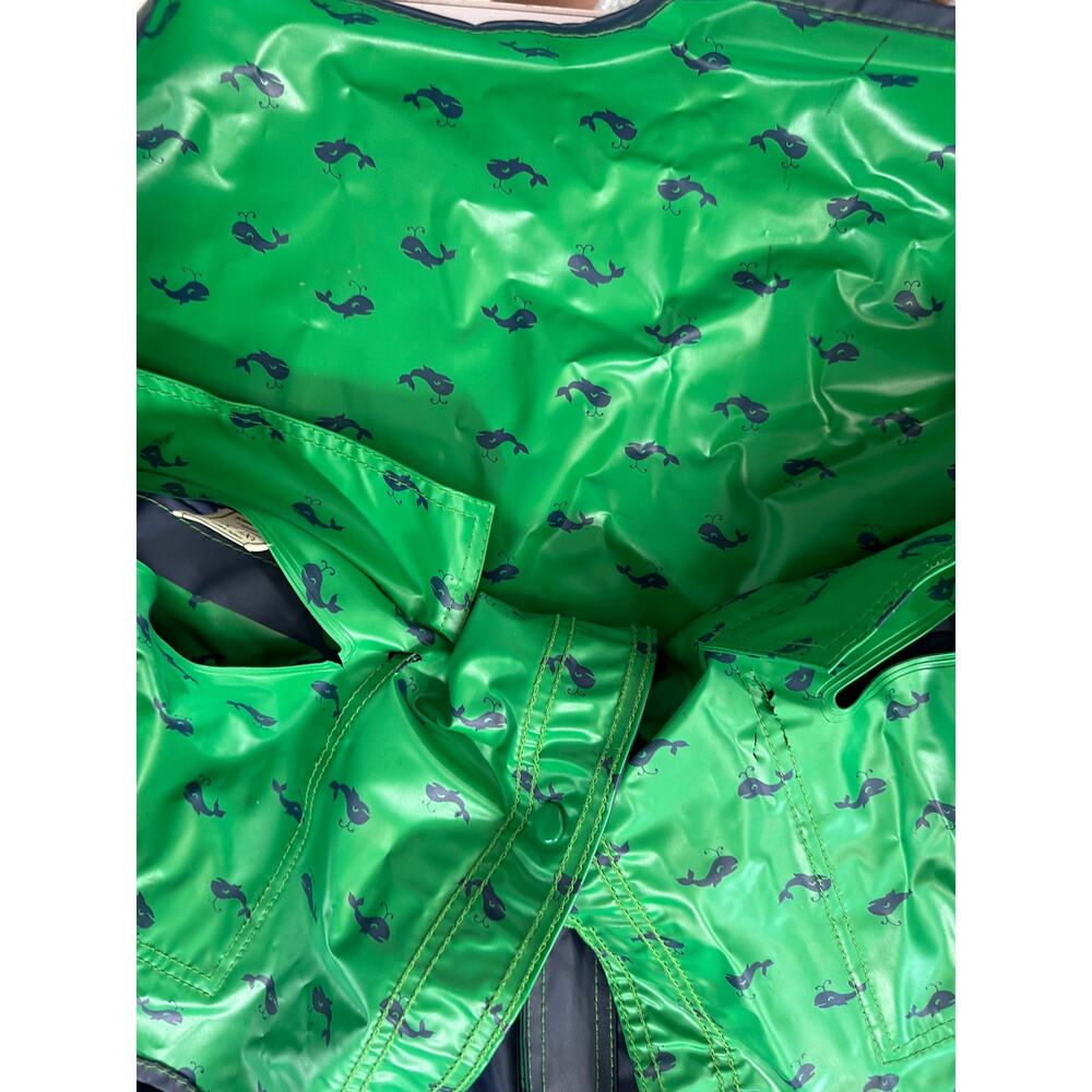 Vintage 1980s M Navy Blue Green Whales Reversible Hooded Raincoat AqueSheen - Picture 13 of 16